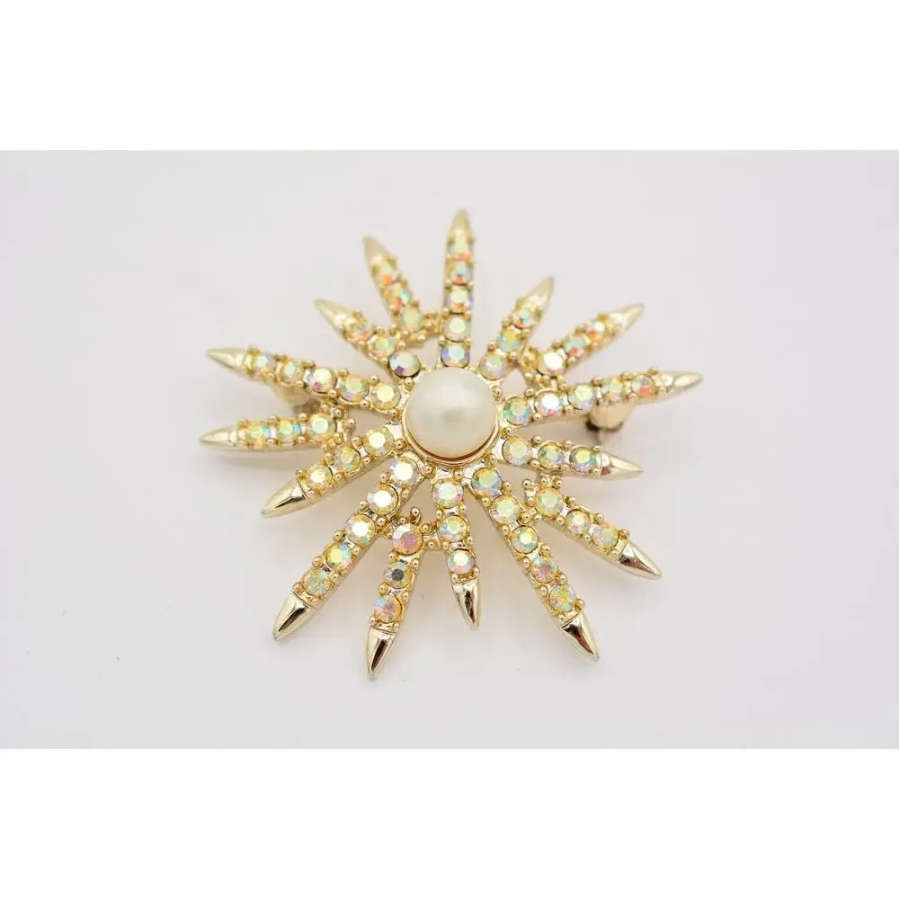 Vintage Crystal Star Pin Brooch Aurora Borealis Rhinestone Gold Tone 1980s BinAT